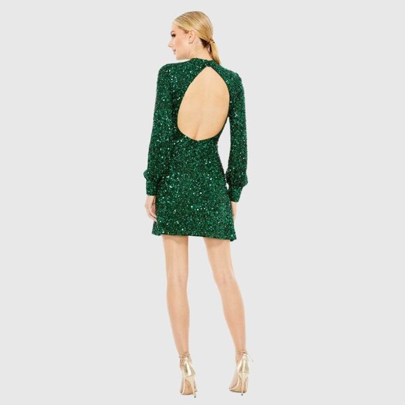 NWT Mac Duggal Sequin Open Back Bishop Sleeve Mini Dress Emerald 10 #8278 - Picture 1 of 8